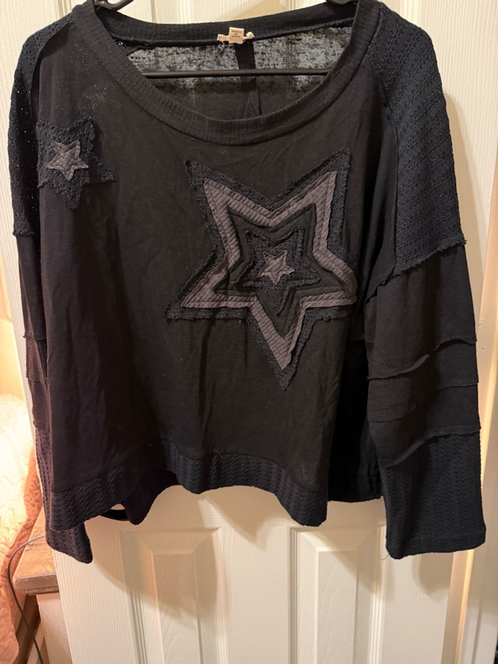 POL Black Star Appliqué Long Sleeve Top